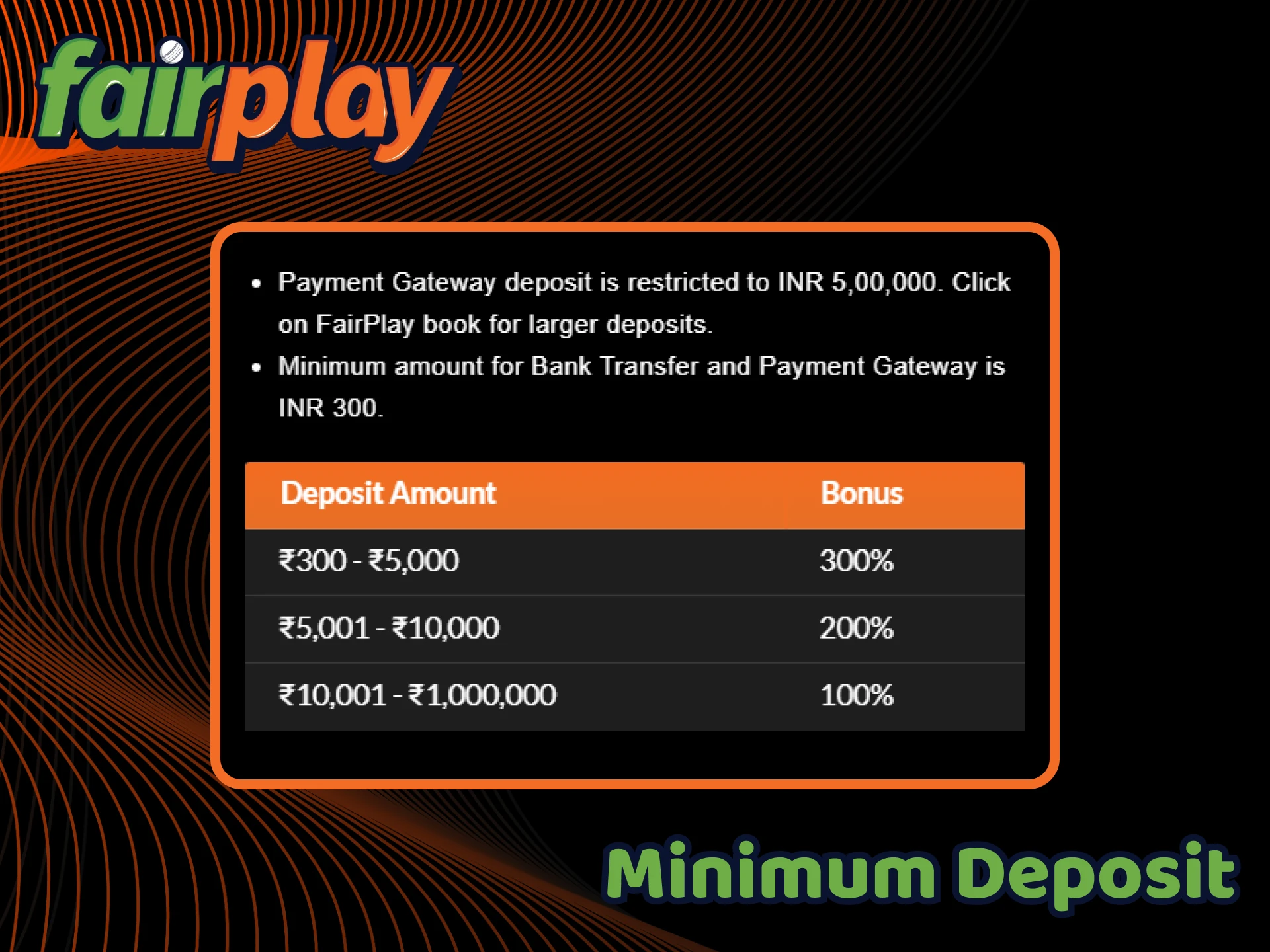 Check out FairPlay's minimum deposit amount.