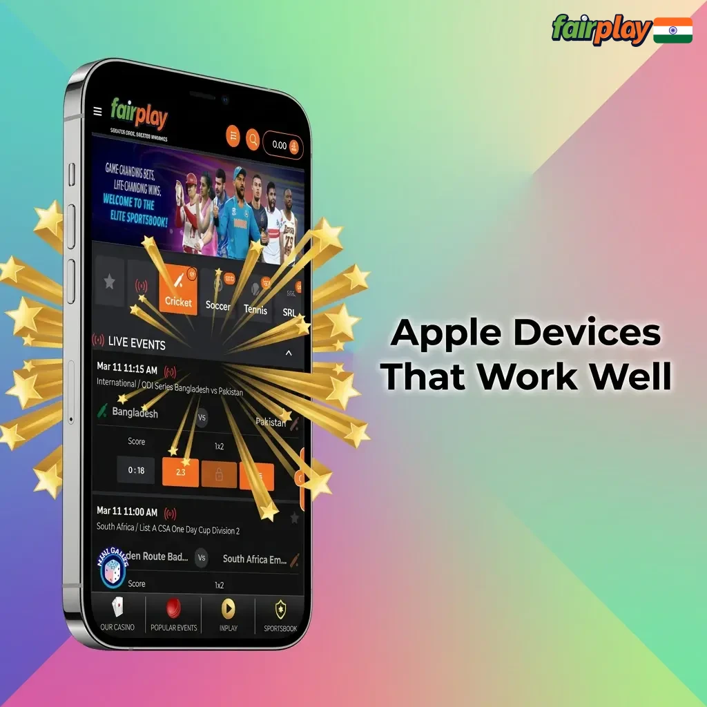 Apple devices compatible with the Fairplay app, including iPhone X through 15 series, iPad Air, and iPad Pro.