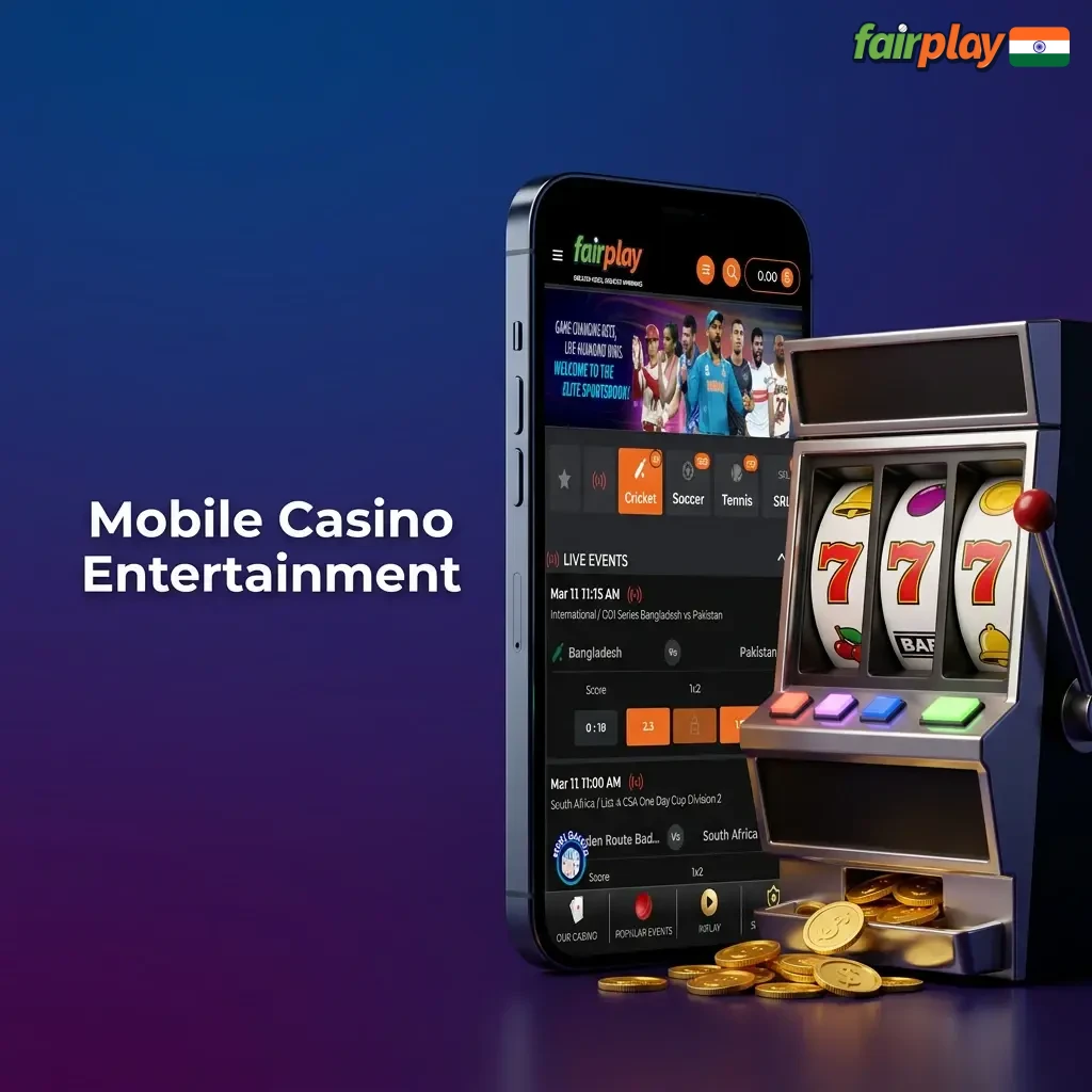 Fairplay mobile casino screen displaying touchscreen games like slots, live dealers, crash games, and Indian classics.