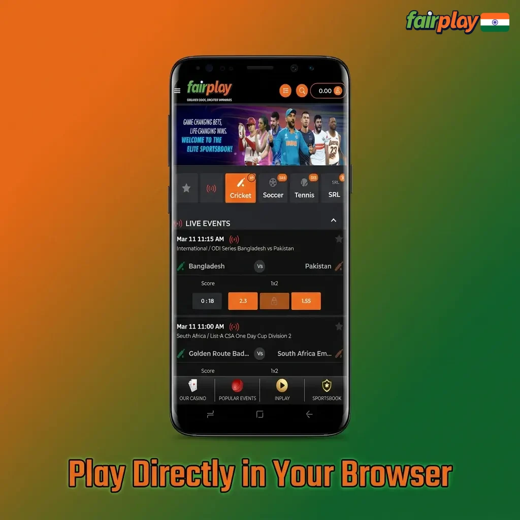 Smartphone showing Fairplay casino's mobile website for instant, secure, no-download gaming directly in the browser.