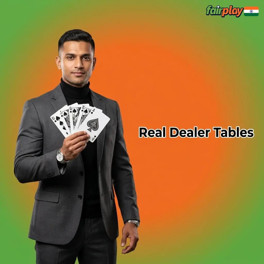 Professional human dealer at a live casino table, streaming real dealer games like blackjack and roulette in HD.