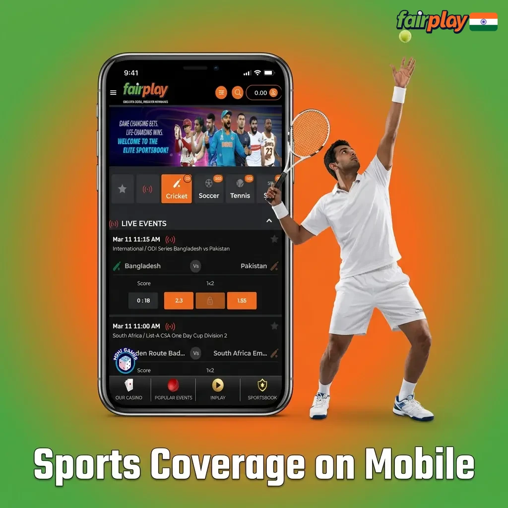Fairplay mobile app showing live sports betting coverage and wagers for cricket, football, tennis, and eSports.