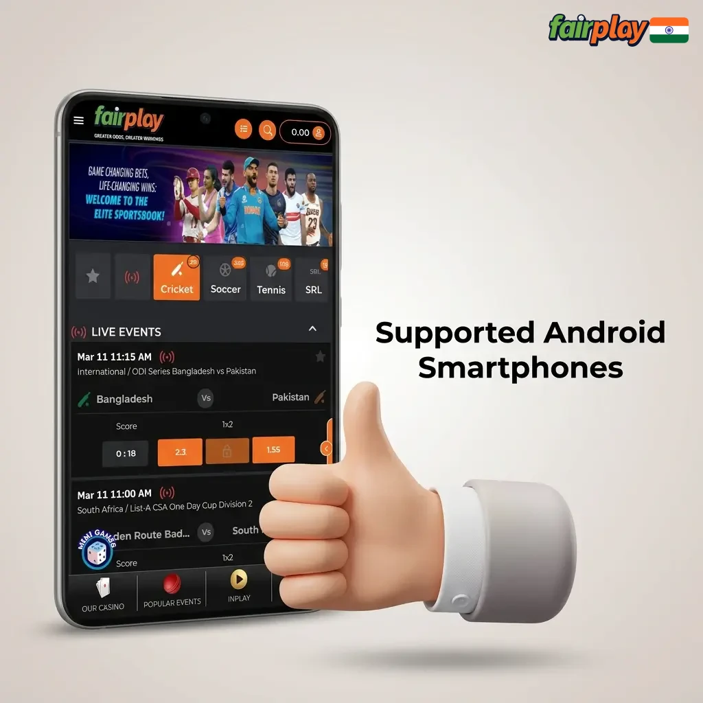 A list of Android smartphones supported by the Fairplay APK, including Samsung, OnePlus, Xiaomi, Vivo, Oppo, and Realme.